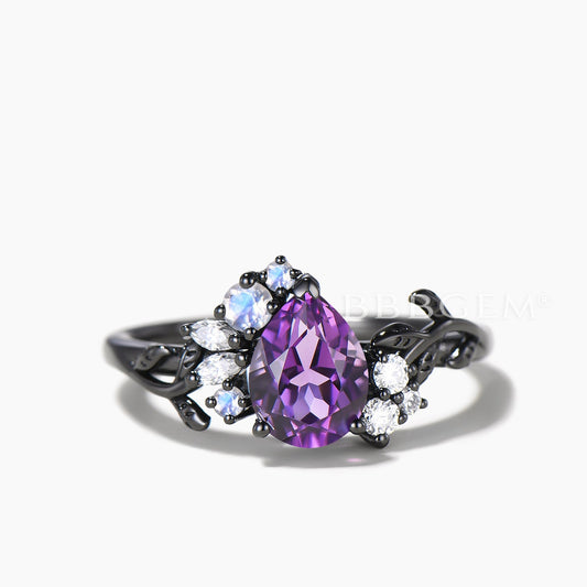 Pear Cut Natural Amethyst Engagement Ring Moonstone Moissanite Cluster Ring