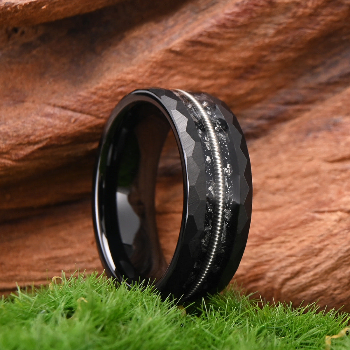 Rugged Black Tungsten Carbide Ring | Guitar String & Meteorite Dual Inlay | Wide 8mm Biker Wedding Band for Him