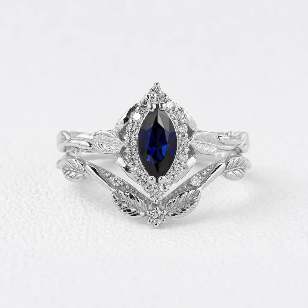 Victoria’s Diadem | Marquise Cut Sapphire & Diamond Halo Bridal Set 2pcs