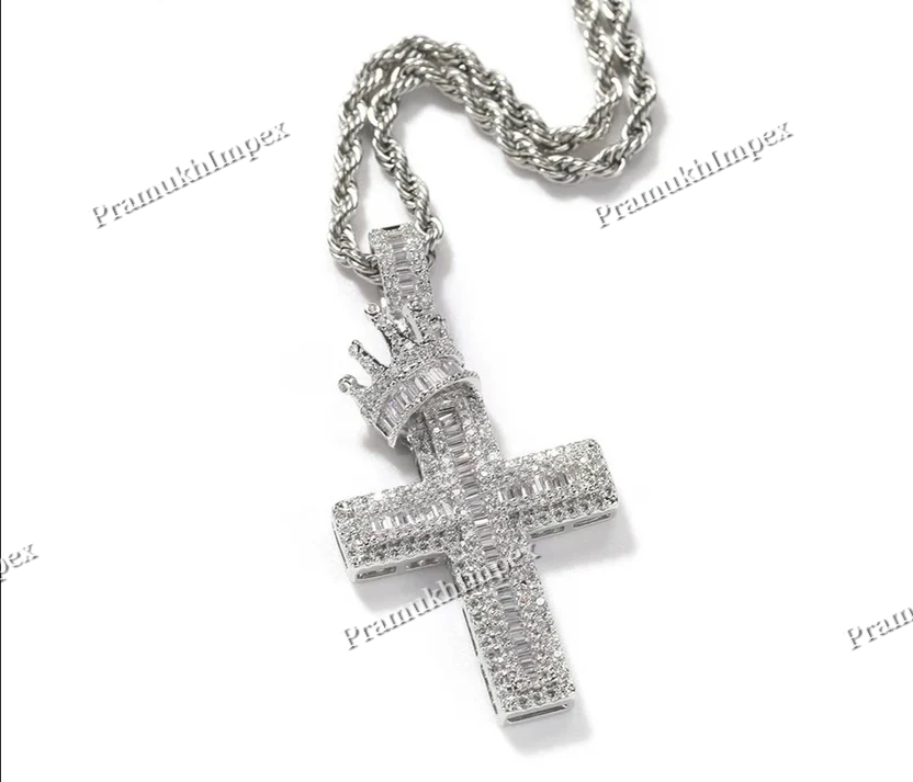 925 Silver Cross With Crown Moissanite Set Pendant For Men's