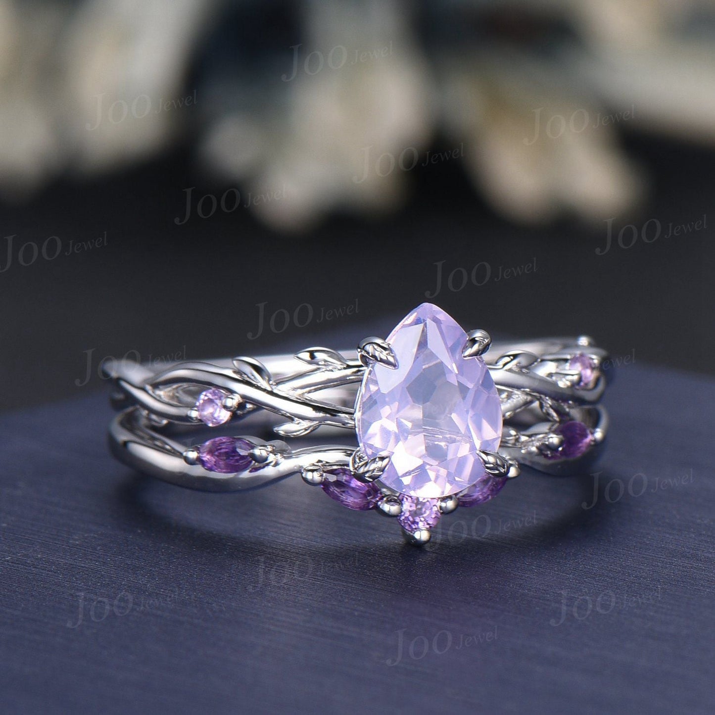 1.25ct Nature Inspired Pear Cut Natural Lavender Amethyst Bridal Ring Set Sterling Silver Light Purple Crystal Twig Vine Wedding Ring Gift