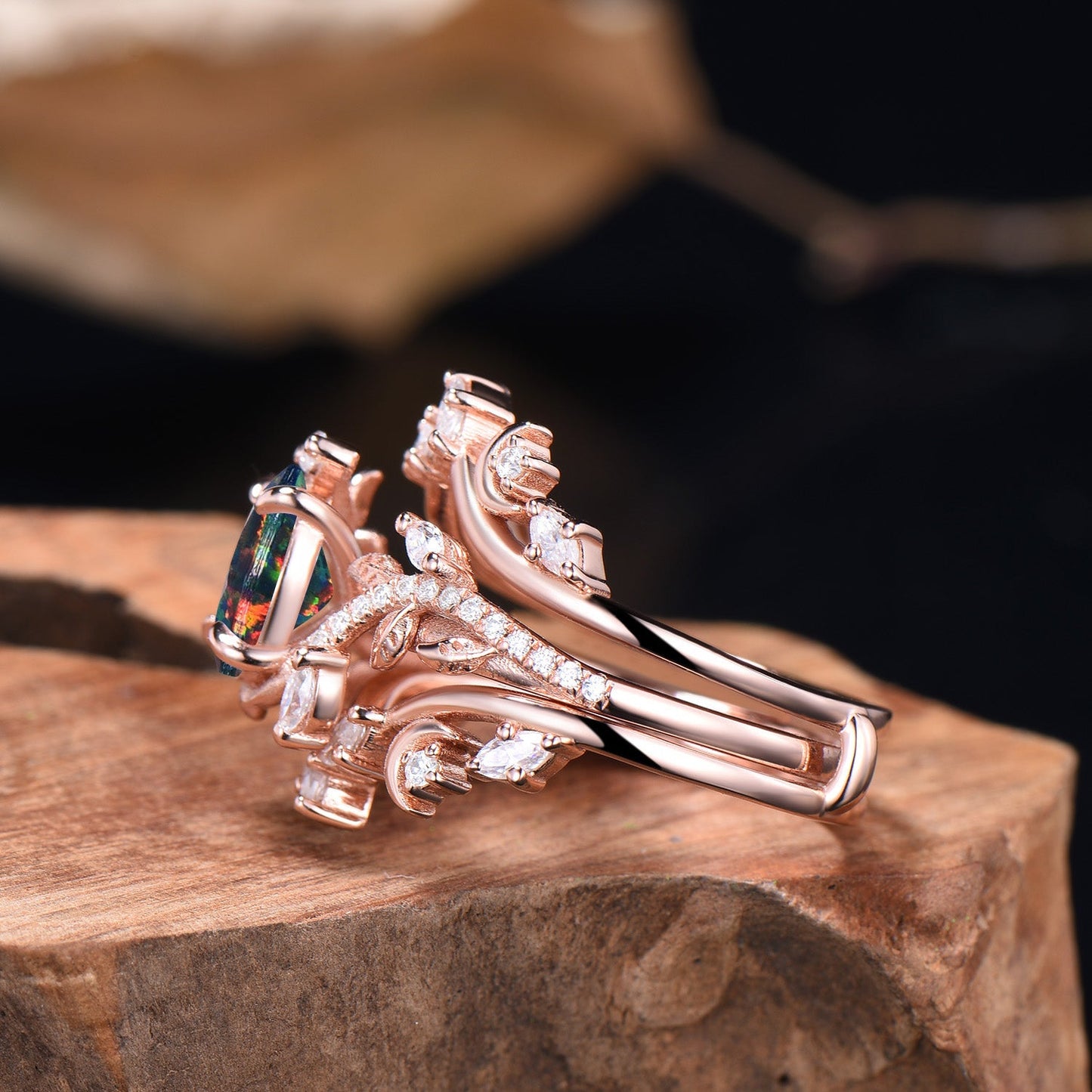 Oval Shaped Black Opal Leaf Engagement Ring Diamond Double V Curved Band Enhancer Rose Gold Bridal Ring Set Anniversary Gifts For Women