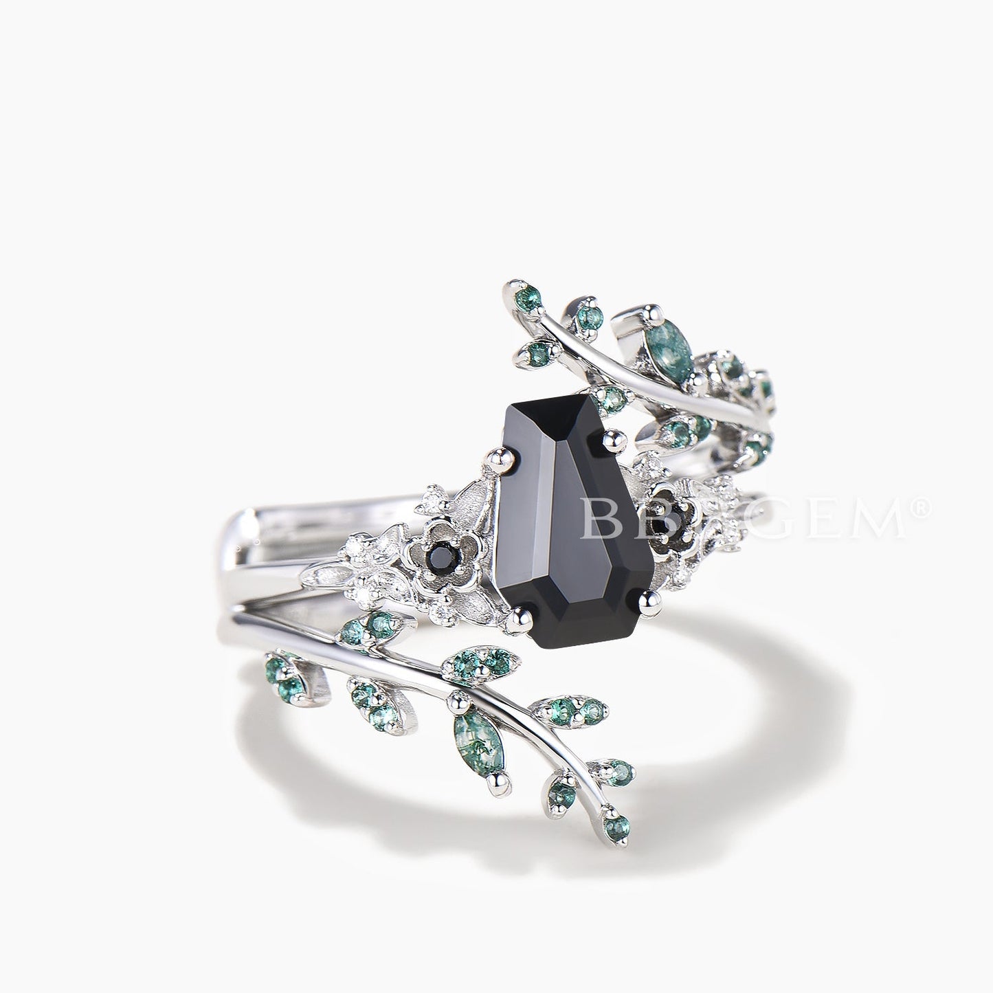 Nature Inspired Bridal Set Coffin Cut Black Onyx Flower Ring Moss Agate Twig Band