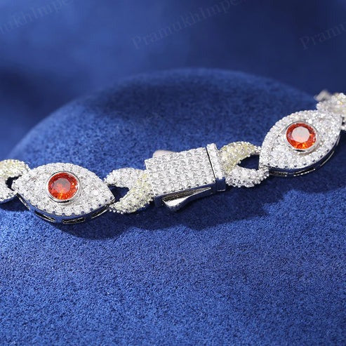 Hip Hop 10mm Iced Out Moissanite Evil Eye Charm Bracelet In Silver