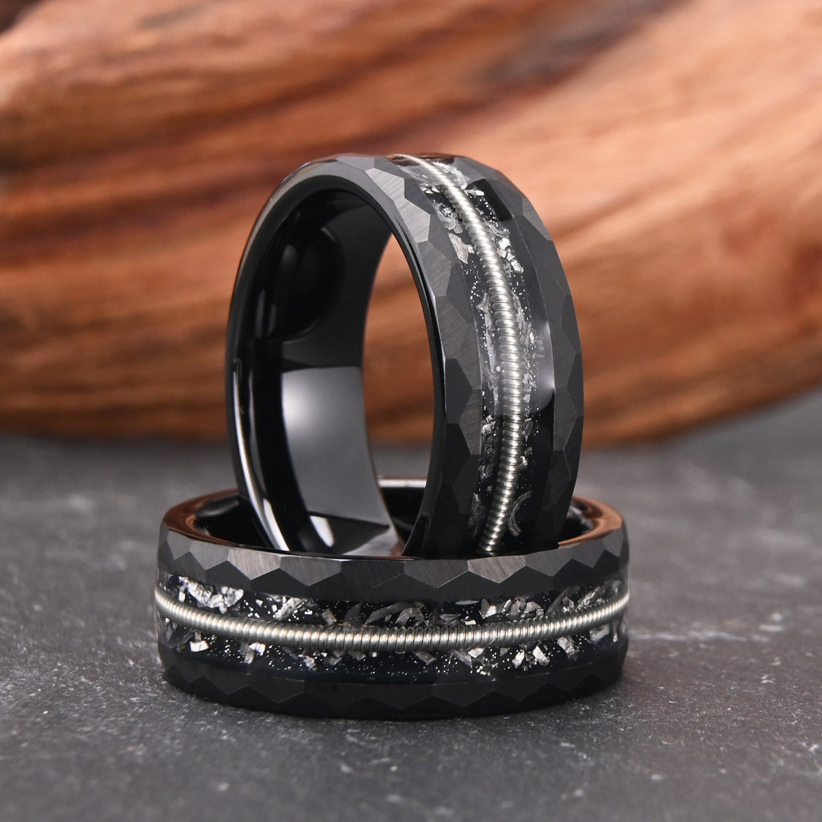 Rugged Black Tungsten Carbide Ring | Guitar String & Meteorite Dual Inlay | Wide 8mm Biker Wedding Band for Him