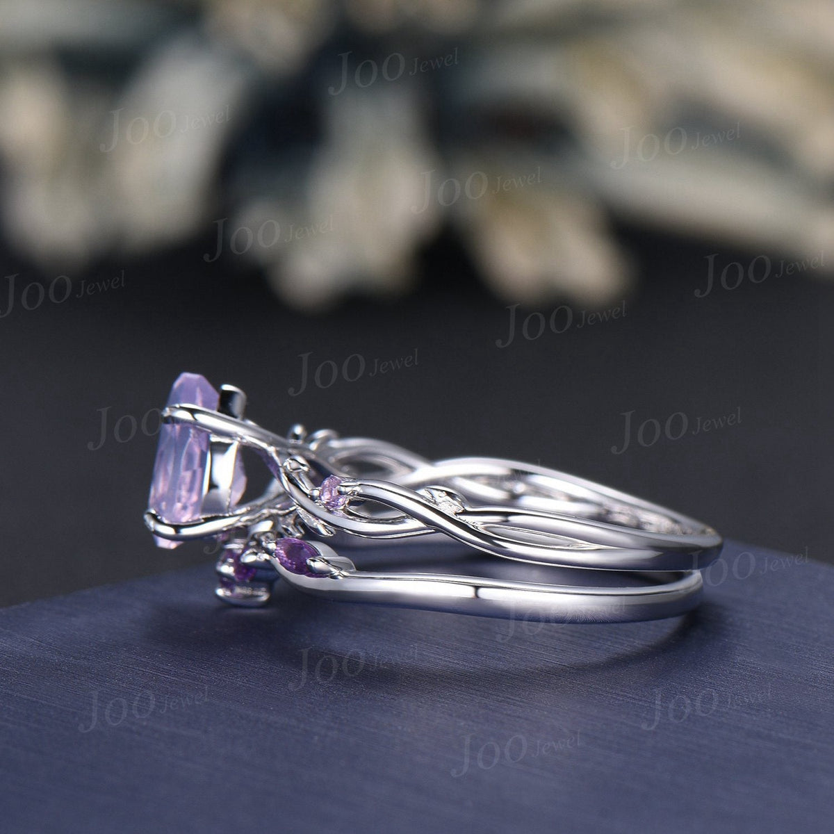 1.25ct Nature Inspired Pear Cut Natural Lavender Amethyst Bridal Ring Set Sterling Silver Light Purple Crystal Twig Vine Wedding Ring Gift