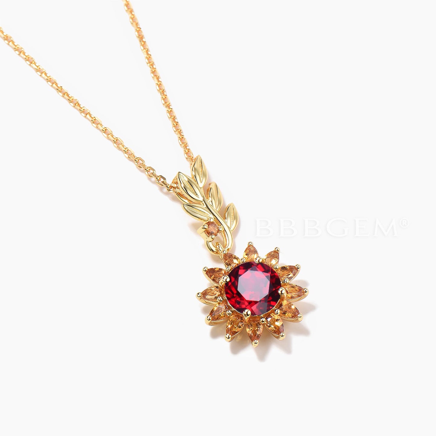 Round Cut Ruby Sunflower Necklace Citrine Halo Leaf Wedding Pendant