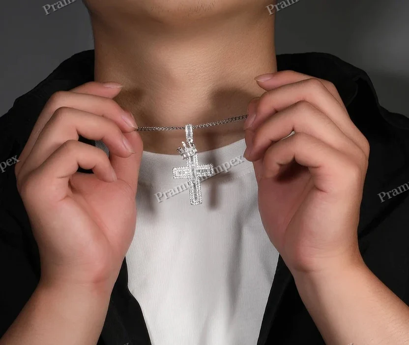 925 Silver Cross With Crown Moissanite Set Pendant For Men's