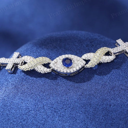 Hip Hop 10mm Iced Out Moissanite Evil Eye Charm Bracelet In Silver