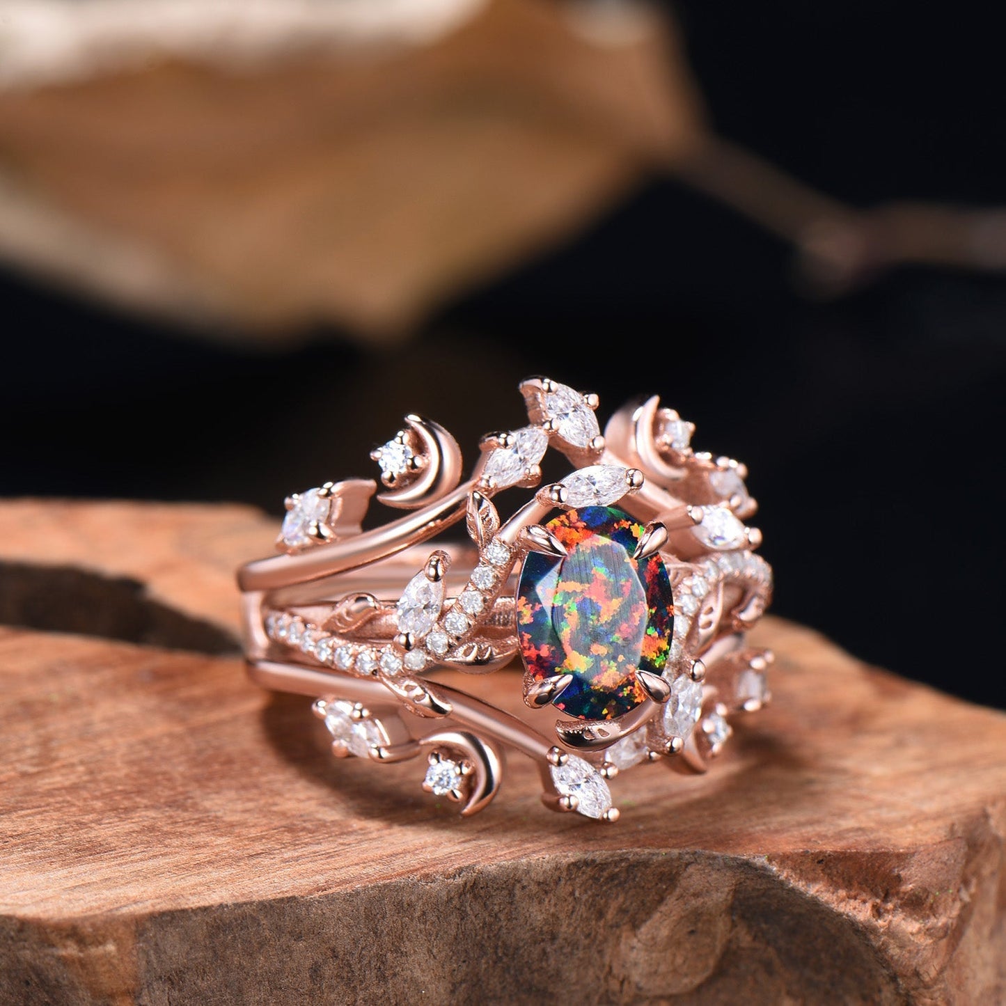 Oval Shaped Black Opal Leaf Engagement Ring Diamond Double V Curved Band Enhancer Rose Gold Bridal Ring Set Anniversary Gifts For Women