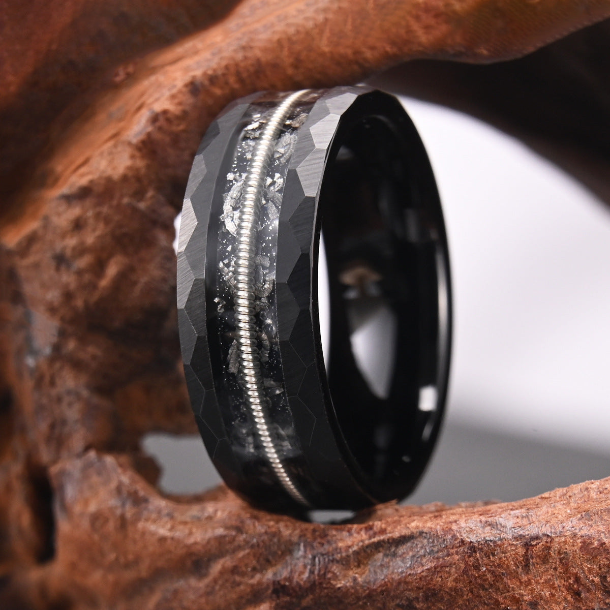 Rugged Black Tungsten Carbide Ring | Guitar String & Meteorite Dual Inlay | Wide 8mm Biker Wedding Band for Him