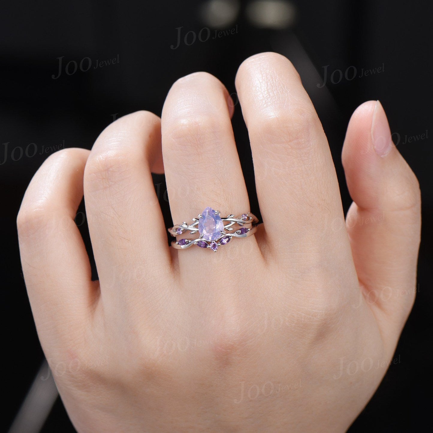 1.25ct Nature Inspired Pear Cut Natural Lavender Amethyst Bridal Ring Set Sterling Silver Light Purple Crystal Twig Vine Wedding Ring Gift
