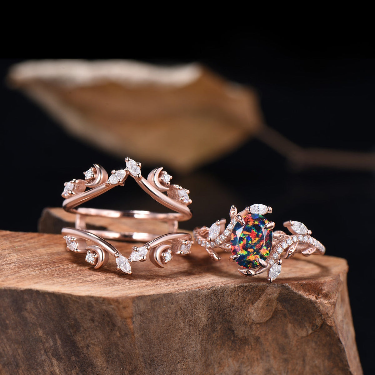 Oval Shaped Black Opal Leaf Engagement Ring Diamond Double V Curved Band Enhancer Rose Gold Bridal Ring Set Anniversary Gifts For Women