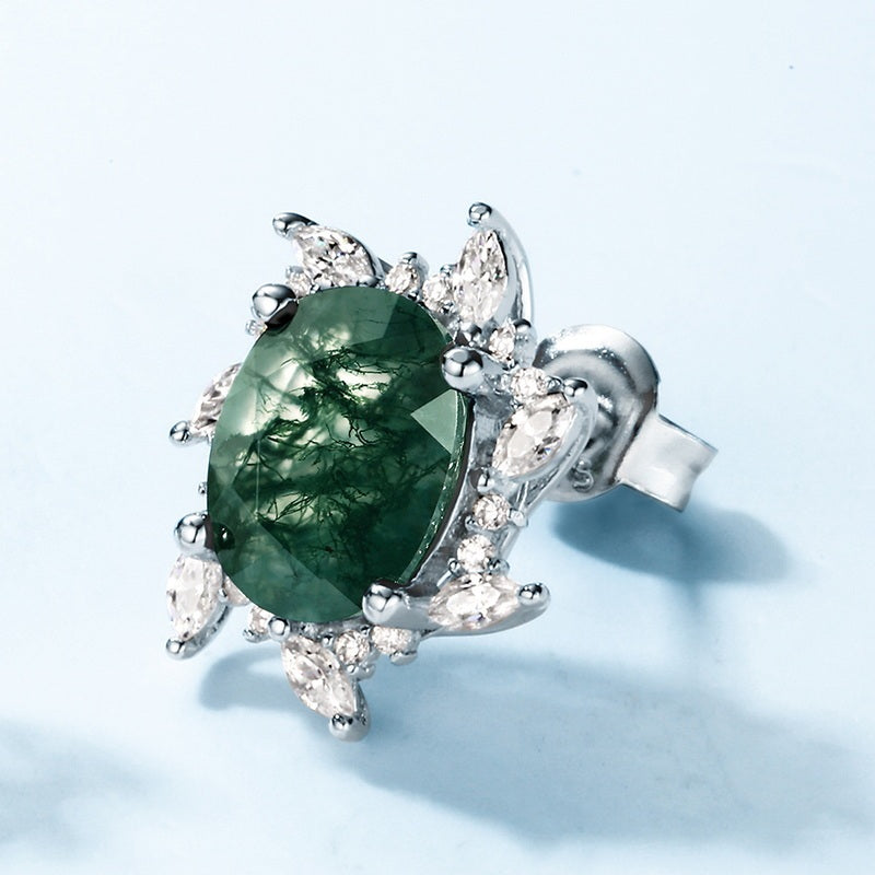 Oval Moss Agate Floral Halo Windmill Stud Earrings