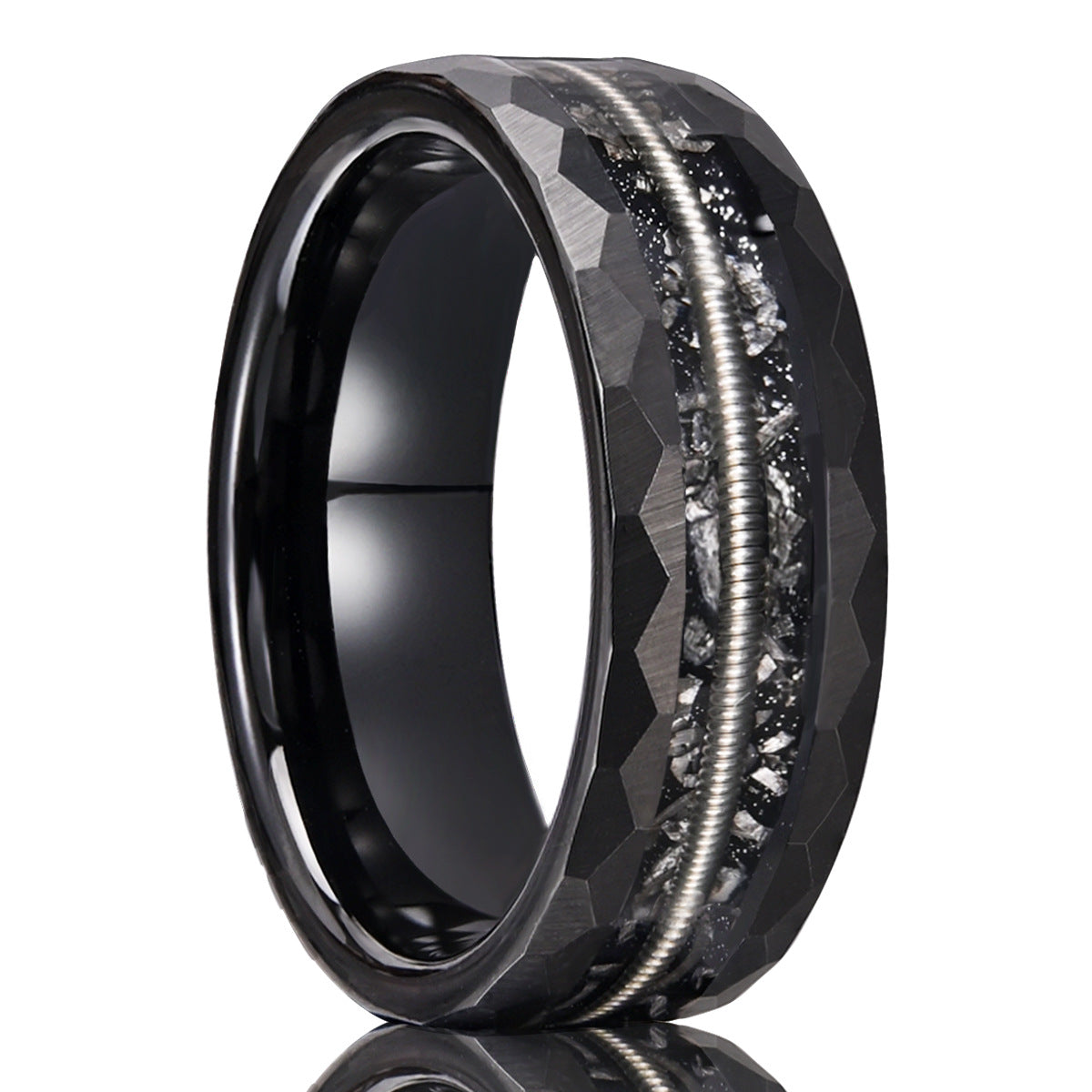 Rugged Black Tungsten Carbide Ring | Guitar String & Meteorite Dual Inlay | Wide 8mm Biker Wedding Band for Him