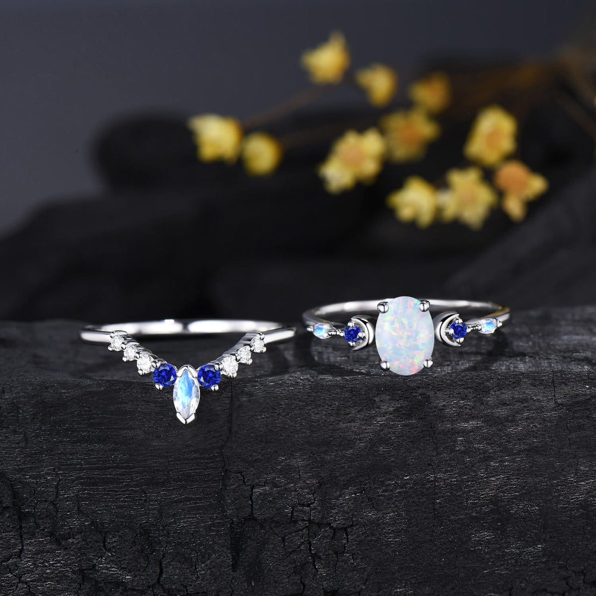 1.5CT Oval Cut White Opal Engagement Ring Sapphire Moonstone Curved Band Moon Celestial Bridal Set