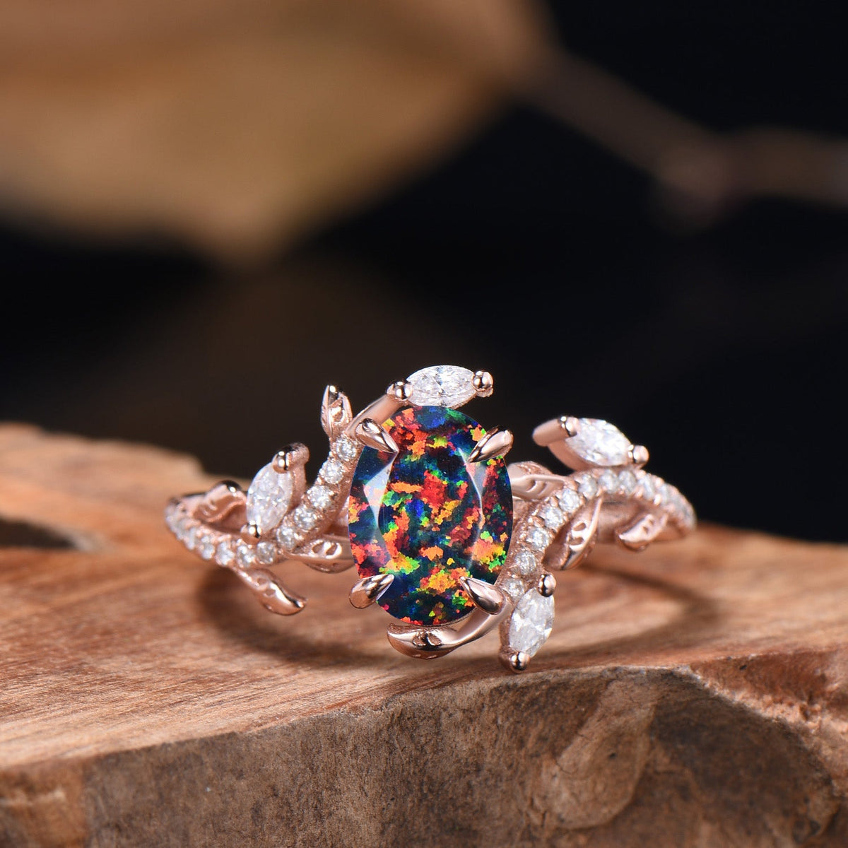 Oval Shaped Black Opal Leaf Engagement Ring Diamond Double V Curved Band Enhancer Rose Gold Bridal Ring Set Anniversary Gifts For Women