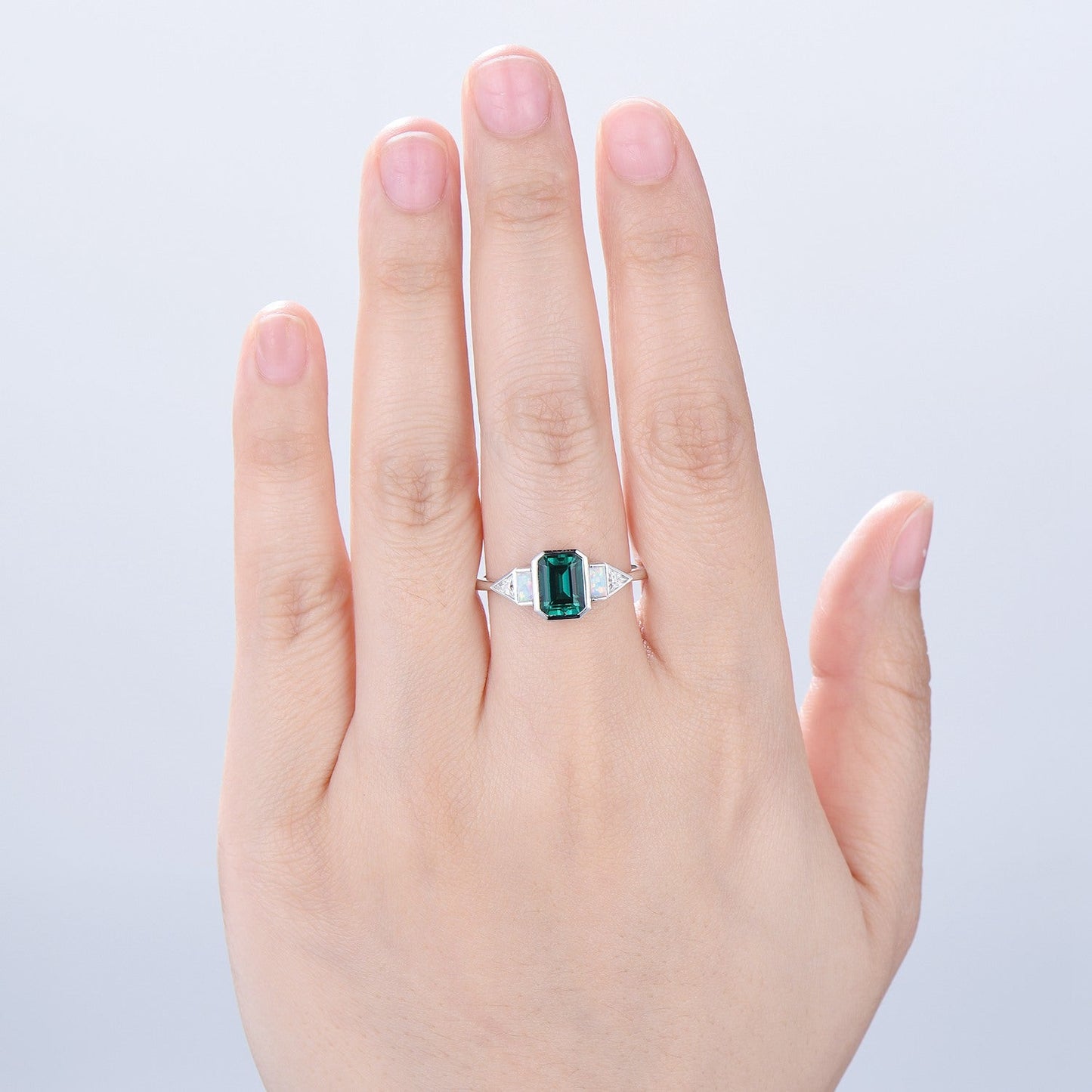 Five Stone Bezel Set Emerald Cut Emerald Engagement Ring Retro Baguette Opal Trillion Moissanite Wedding Ring Vintage Anniversary Ring Women