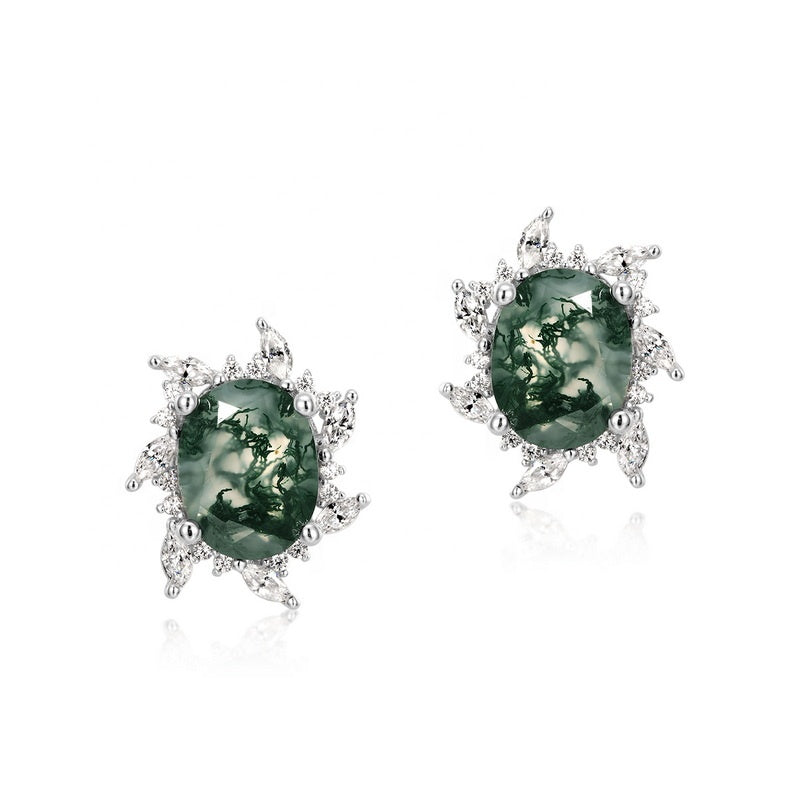 Oval Moss Agate Floral Halo Windmill Stud Earrings