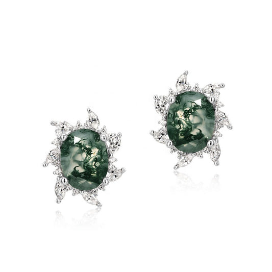 Oval Moss Agate Floral Halo Windmill Stud Earrings