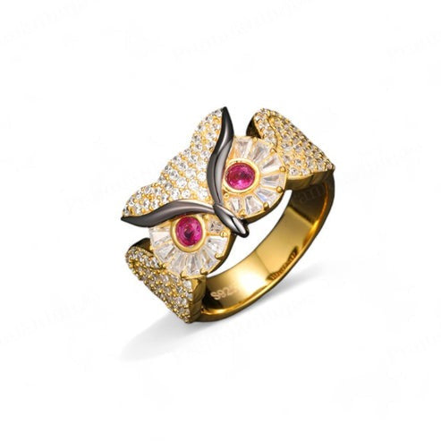 Personalized Gifts Sterling Silver gold Plated Moissanite Owl Ring For Men's