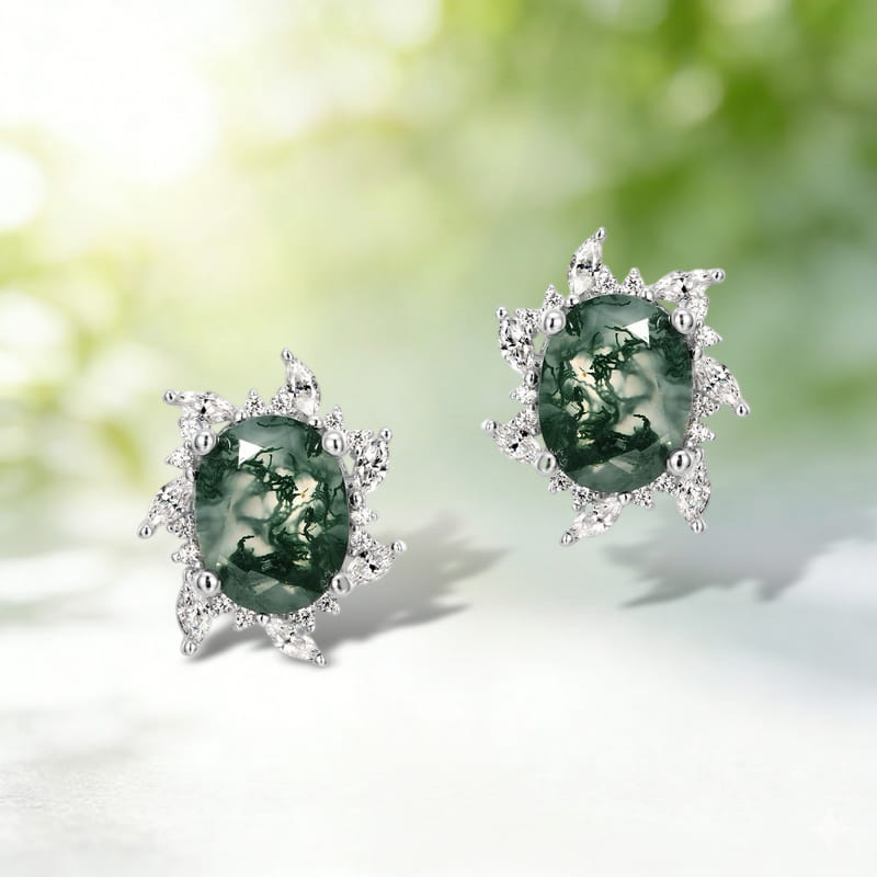 Oval Moss Agate Floral Halo Windmill Stud Earrings