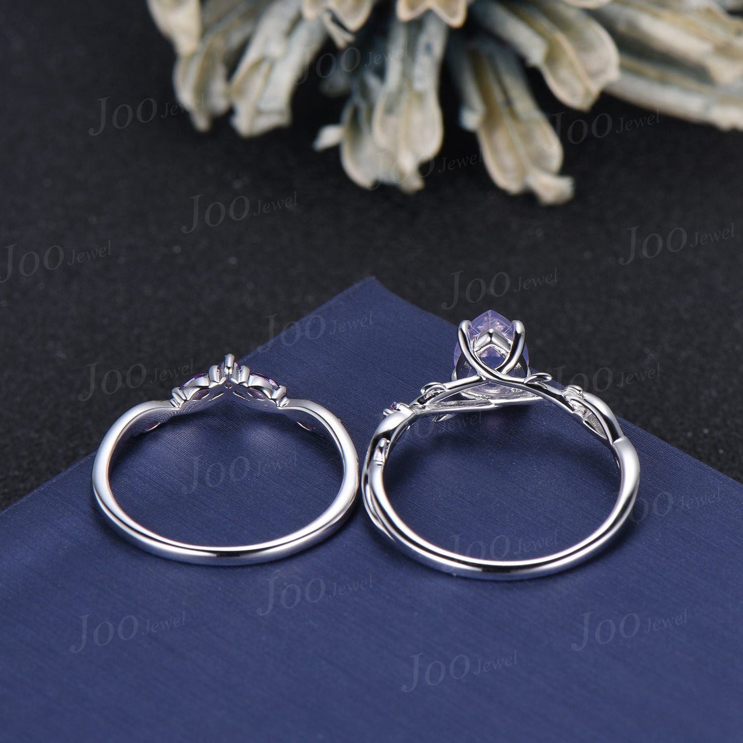 1.25ct Nature Inspired Pear Cut Natural Lavender Amethyst Bridal Ring Set Sterling Silver Light Purple Crystal Twig Vine Wedding Ring Gift