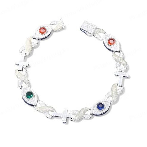 Hip Hop 10mm Iced Out Moissanite Evil Eye Charm Bracelet In Silver