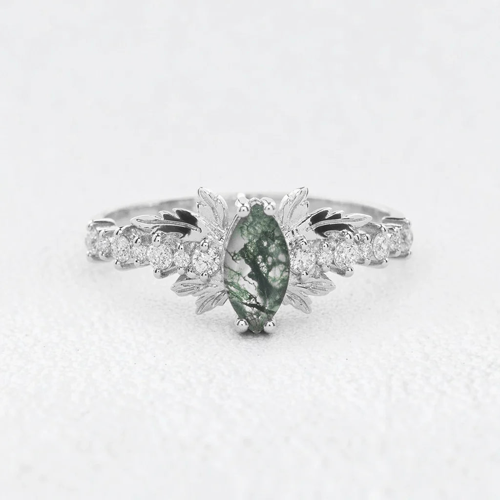 Aurora’s Moss Wing | Marquise Moss Agate Vintage Bridal Set 2pcs