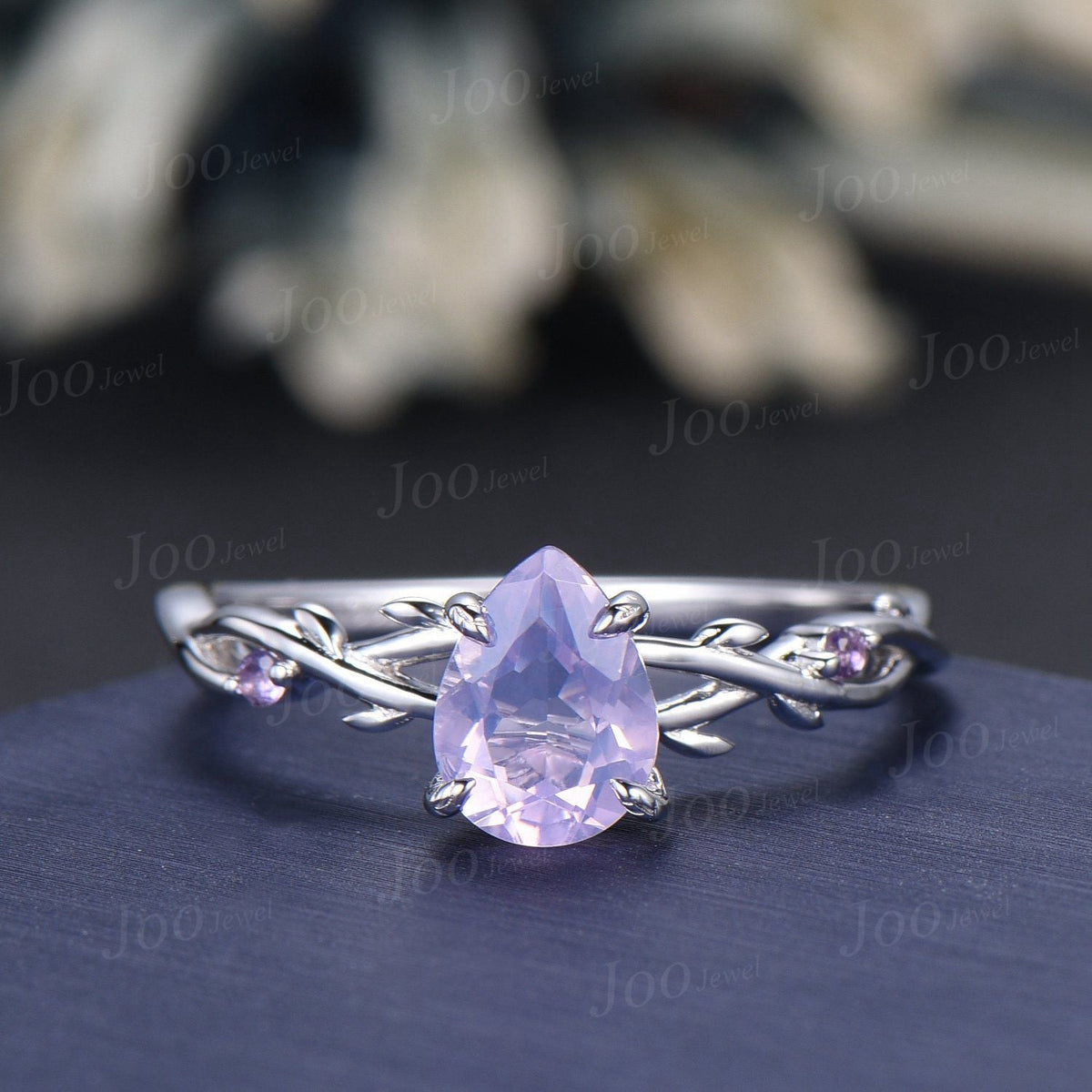 1.25ct Nature Inspired Pear Cut Natural Lavender Amethyst Bridal Ring Set Sterling Silver Light Purple Crystal Twig Vine Wedding Ring Gift