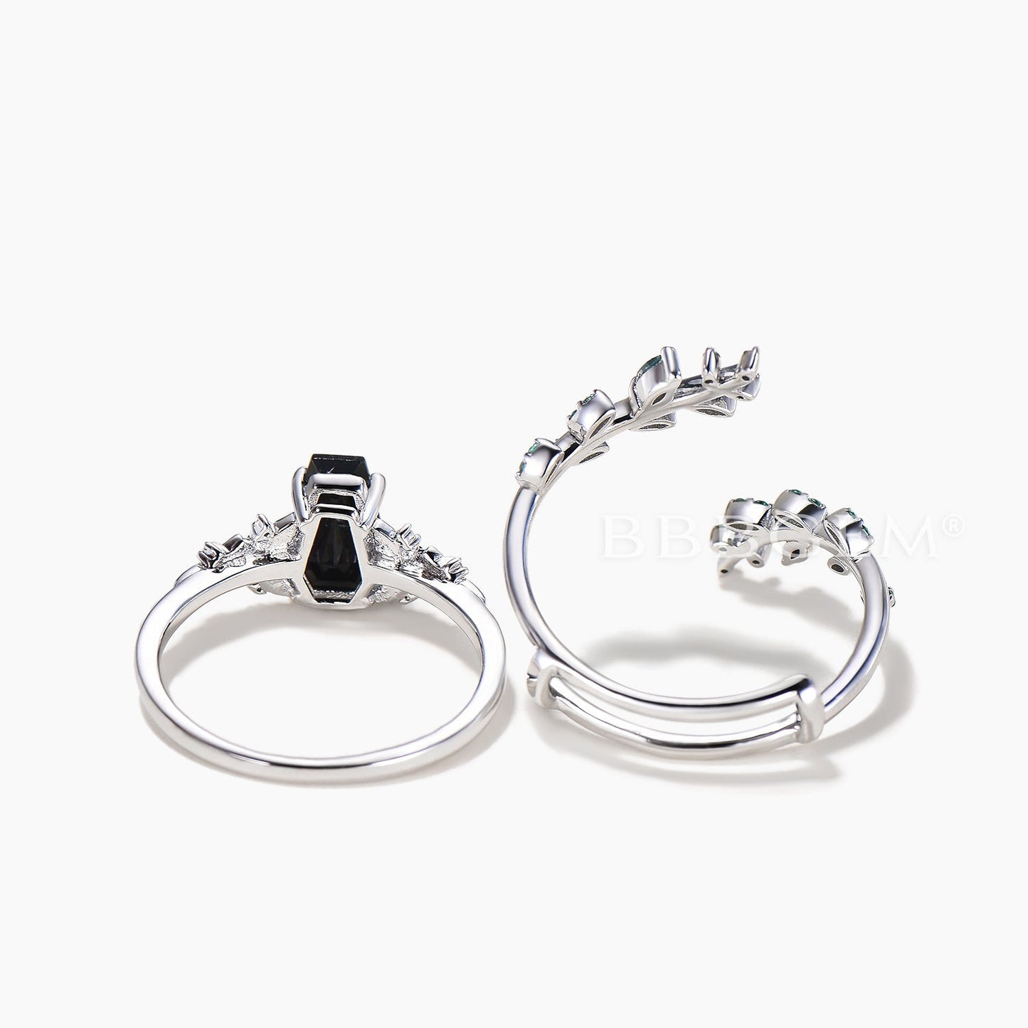 Nature Inspired Bridal Set Coffin Cut Black Onyx Flower Ring Moss Agate Twig Band