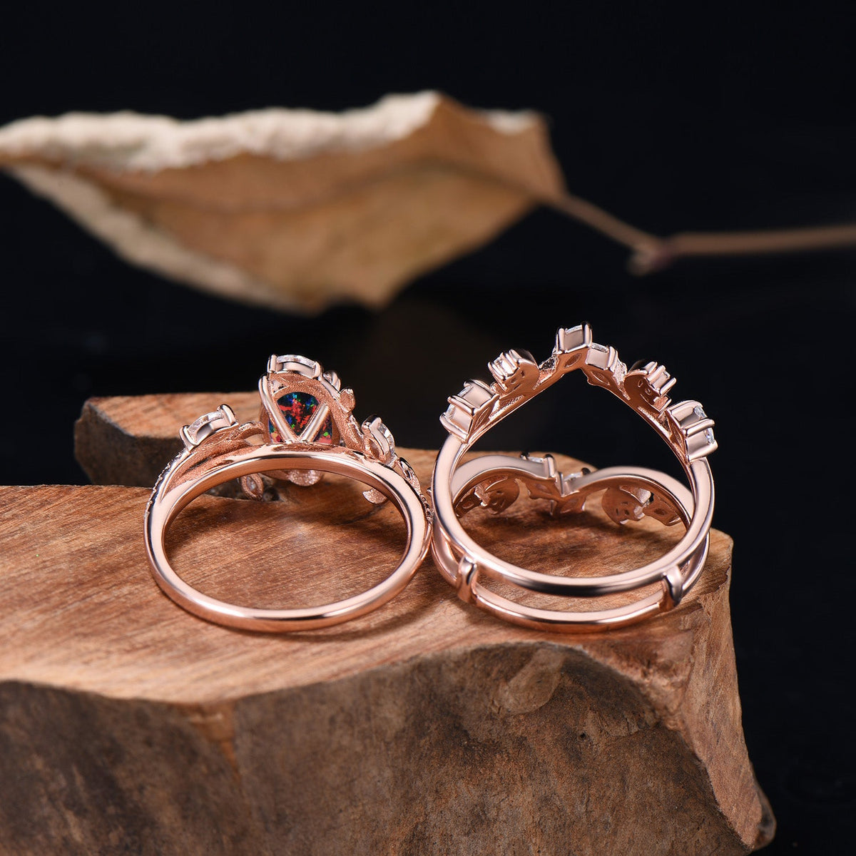 Oval Shaped Black Opal Leaf Engagement Ring Diamond Double V Curved Band Enhancer Rose Gold Bridal Ring Set Anniversary Gifts For Women