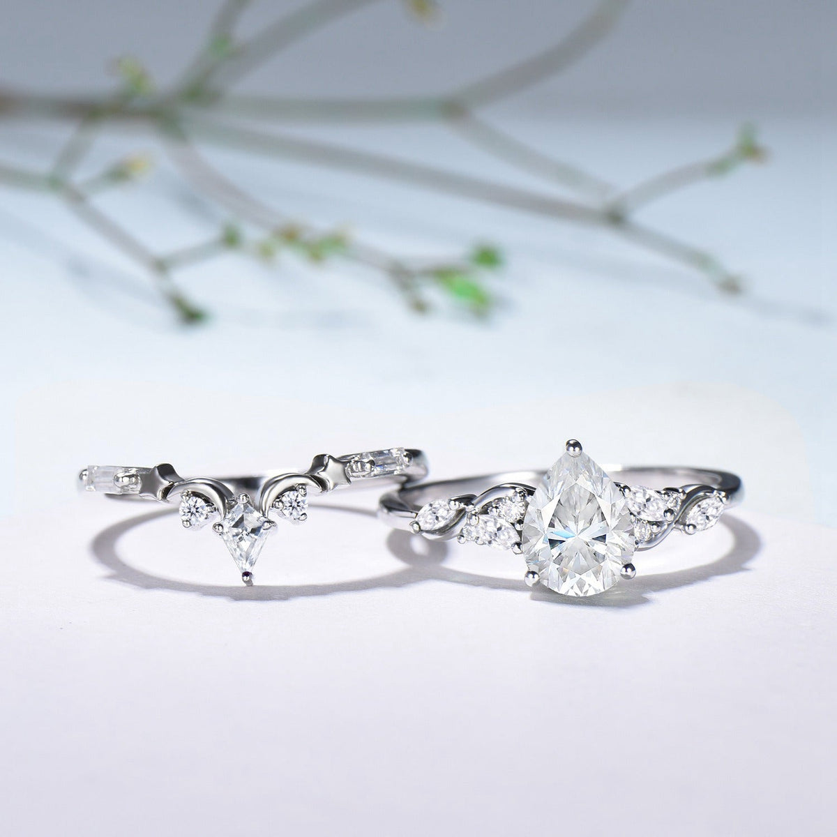 Pear Moissanite Engagement Ring Set, Lab Grown Diamond Bridal Set, 14K Gold Marquise Cluster Ring, Unique Pear Shaped Wedding Ring for Her