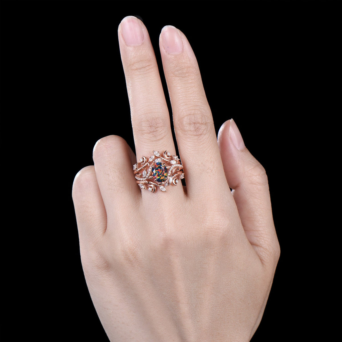 Oval Shaped Black Opal Leaf Engagement Ring Diamond Double V Curved Band Enhancer Rose Gold Bridal Ring Set Anniversary Gifts For Women