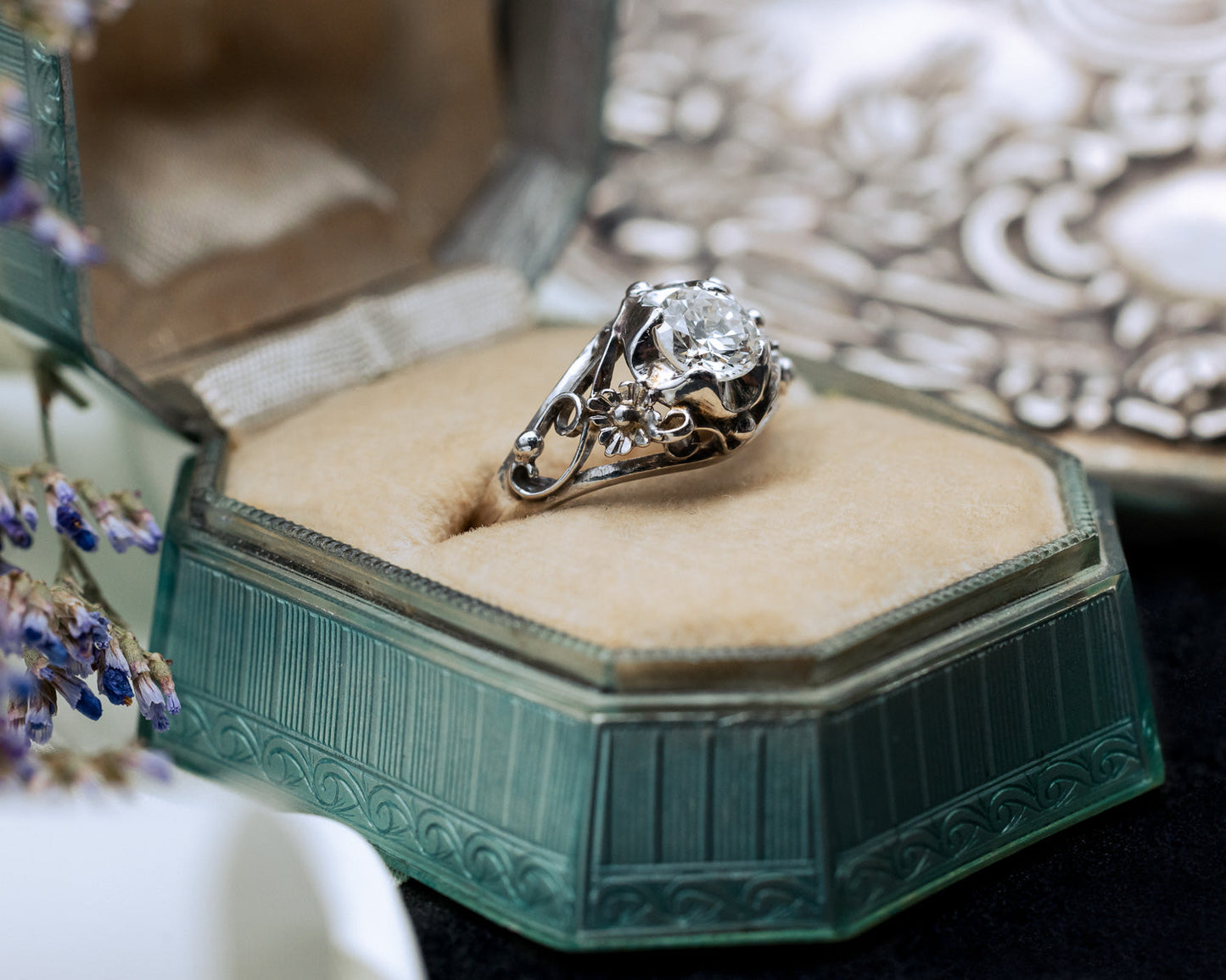 Vintage Art Deco Diamond Floral Engagement Ring In 14K White Gold