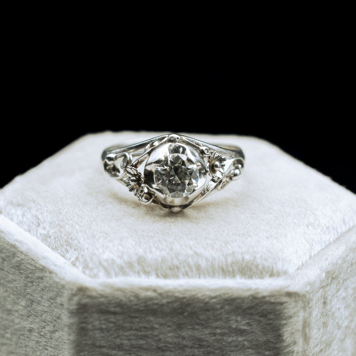 Vintage Art Deco Diamond Floral Engagement Ring In 14K White Gold