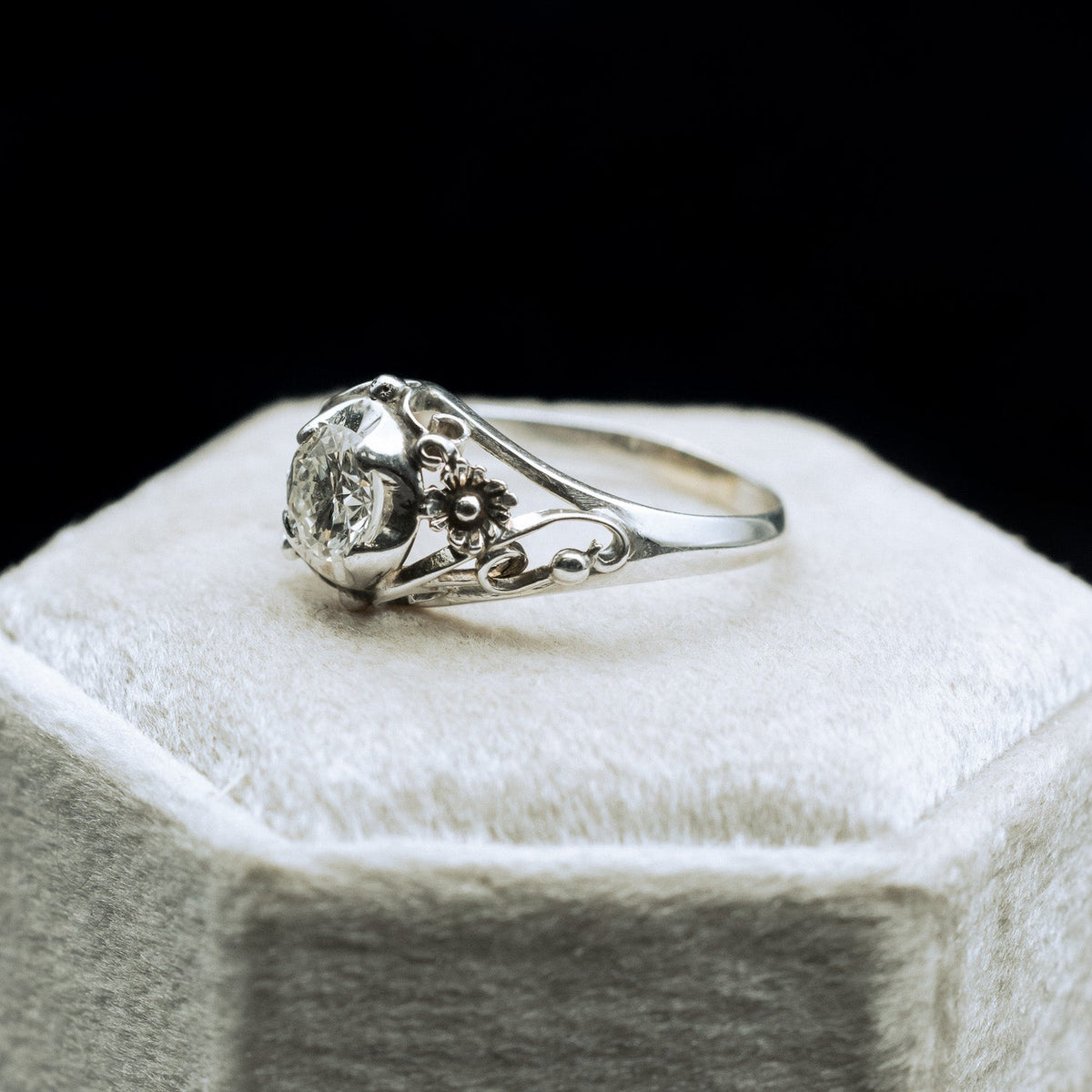 Vintage Art Deco Diamond Floral Engagement Ring In 14K White Gold