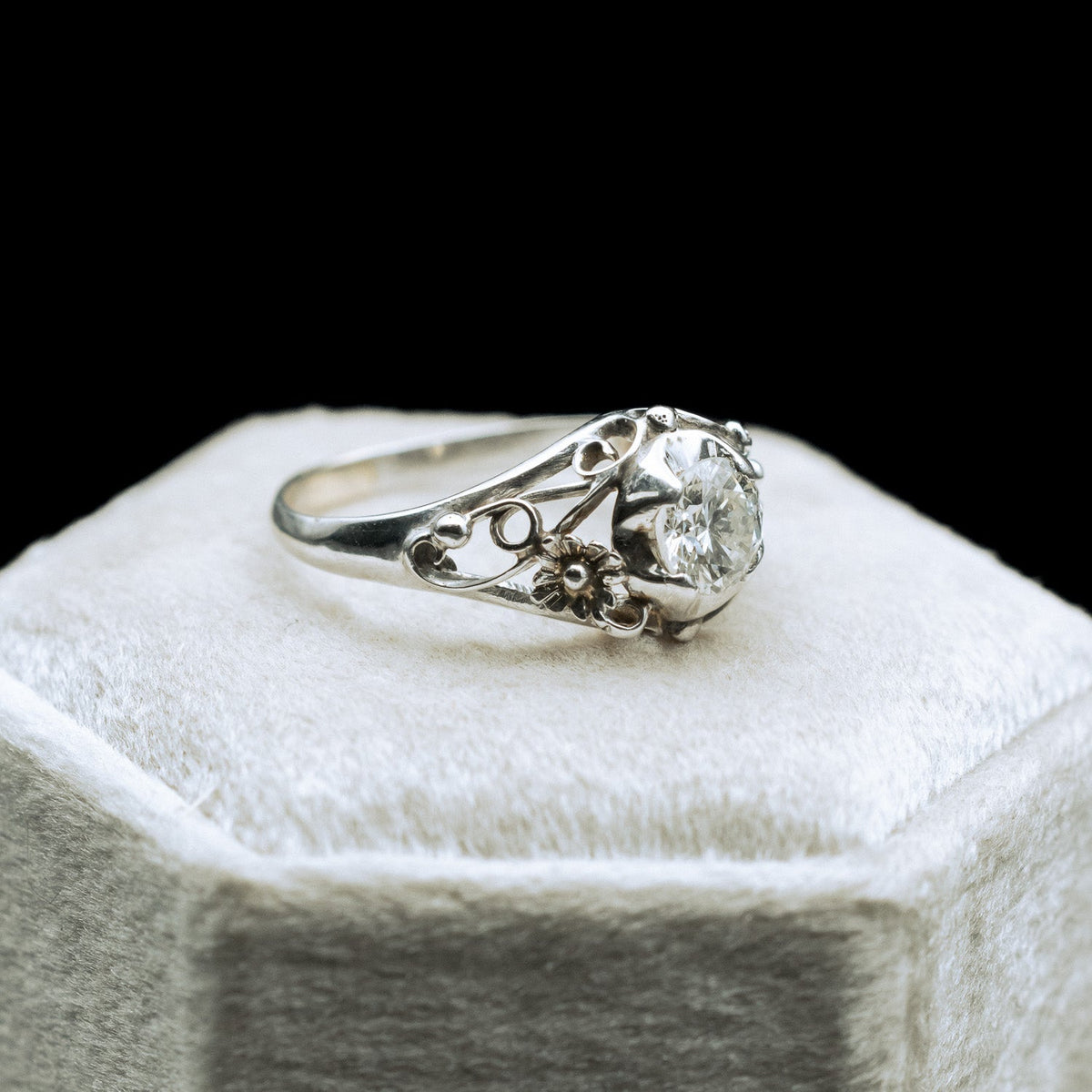 Vintage Art Deco Diamond Floral Engagement Ring In 14K White Gold