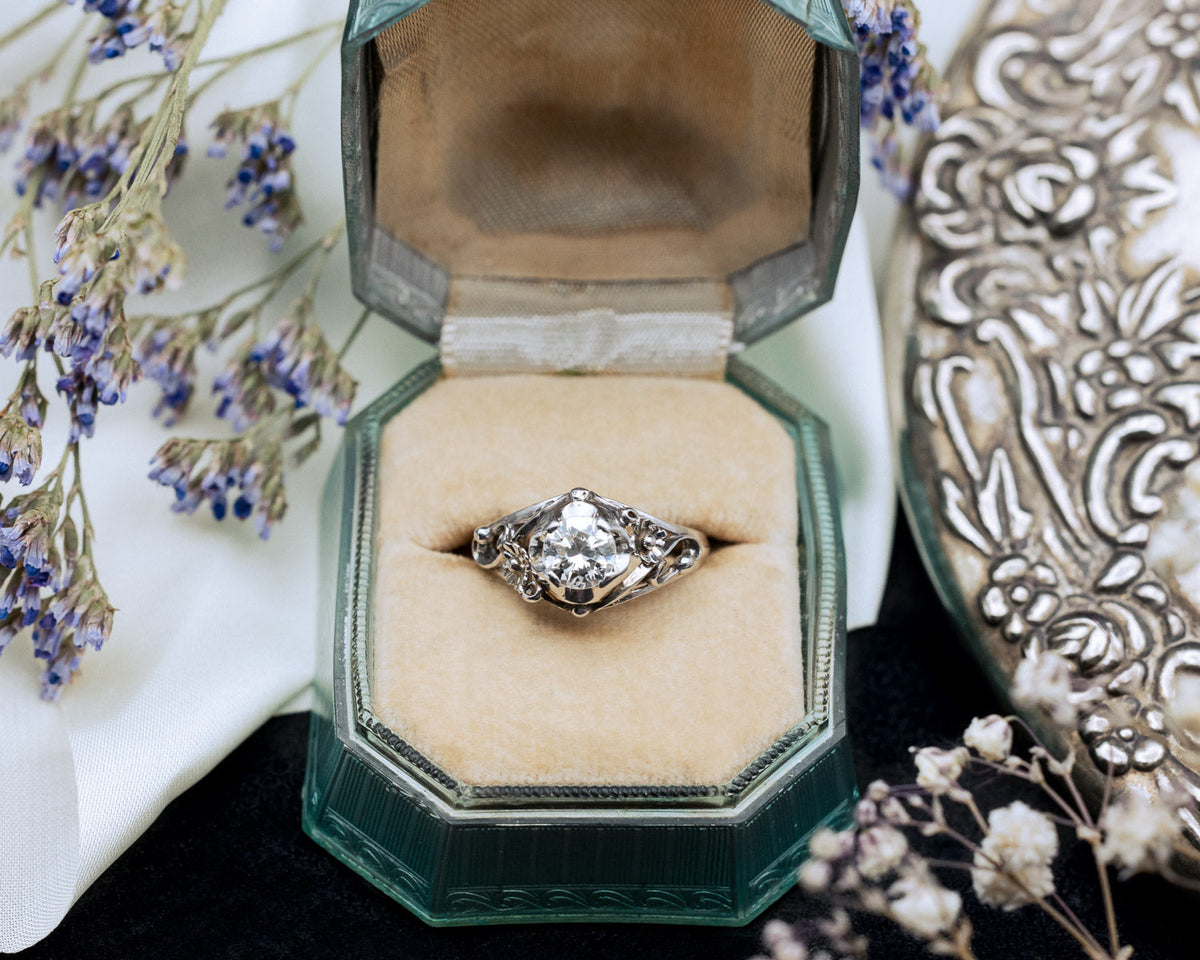 Vintage Art Deco Diamond Floral Engagement Ring In 14K White Gold