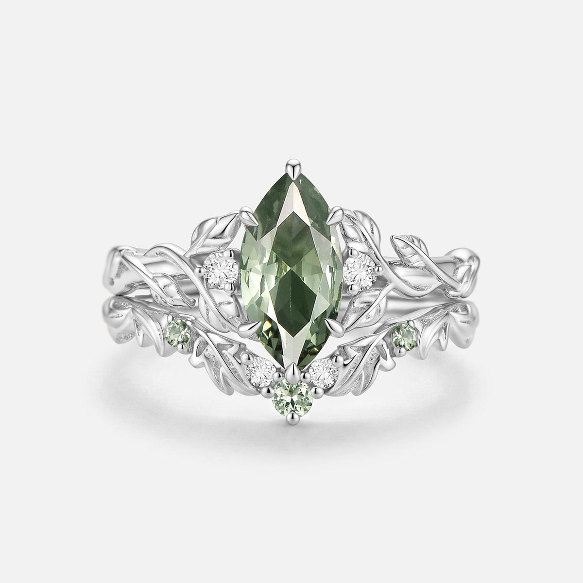 Marquise Cut Lab Green Sapphire Leafy Engagement Ring Sets - Starling