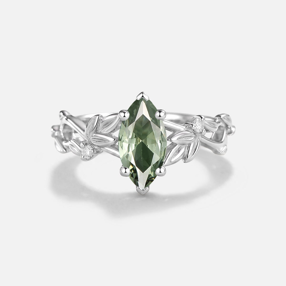 Marquise Cut Lab Green Sapphire Leafy Engagement Ring - Isolde