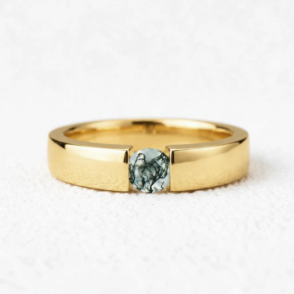One Stone Duo | Round Moss Agate Couple Ring Set 2pcs