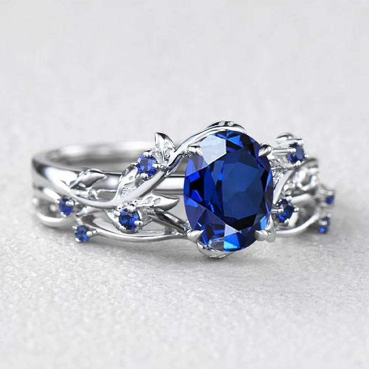 Alexandra’s Heritage | Art Deco Oval Blue Sapphire Vine Bridal Set 2pcs