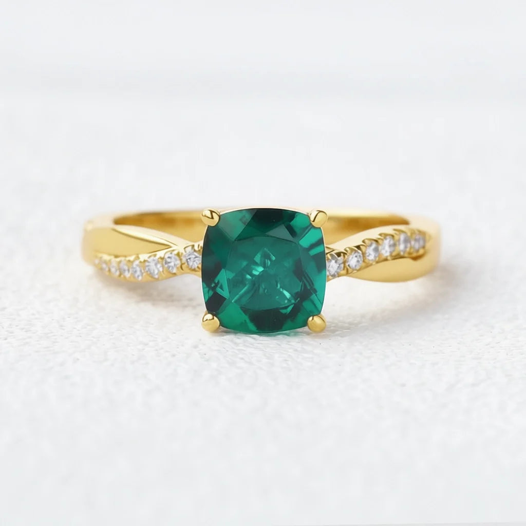 Ivy’s Twist | 2CT Cushion Cut Emerald Solitaire Engagement Ring