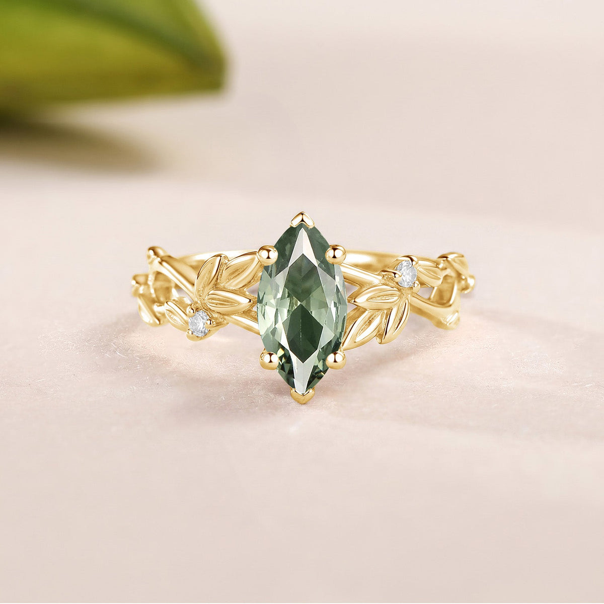 Marquise Cut Lab Green Sapphire Leafy Engagement Ring - Isolde
