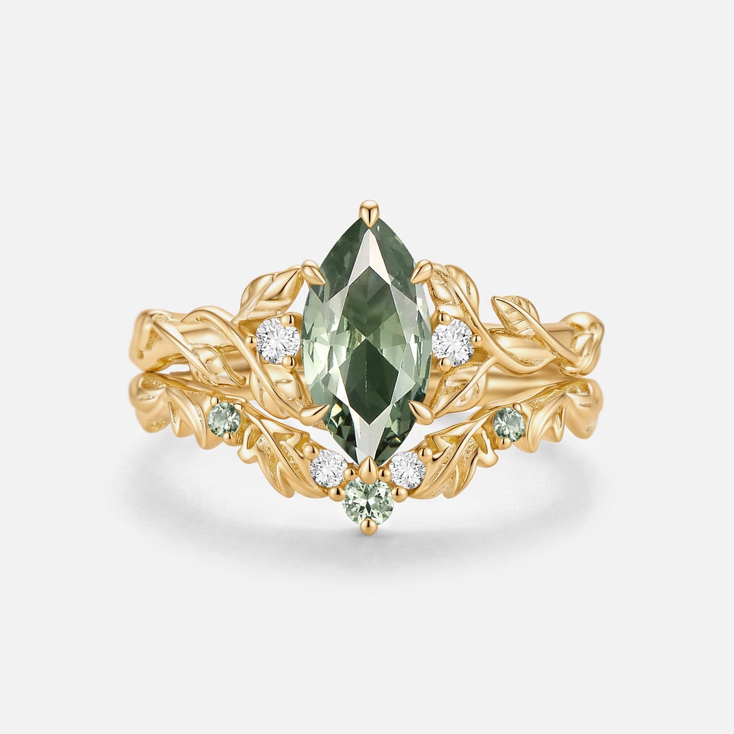Marquise Cut Lab Green Sapphire Leafy Engagement Ring Sets - Starling