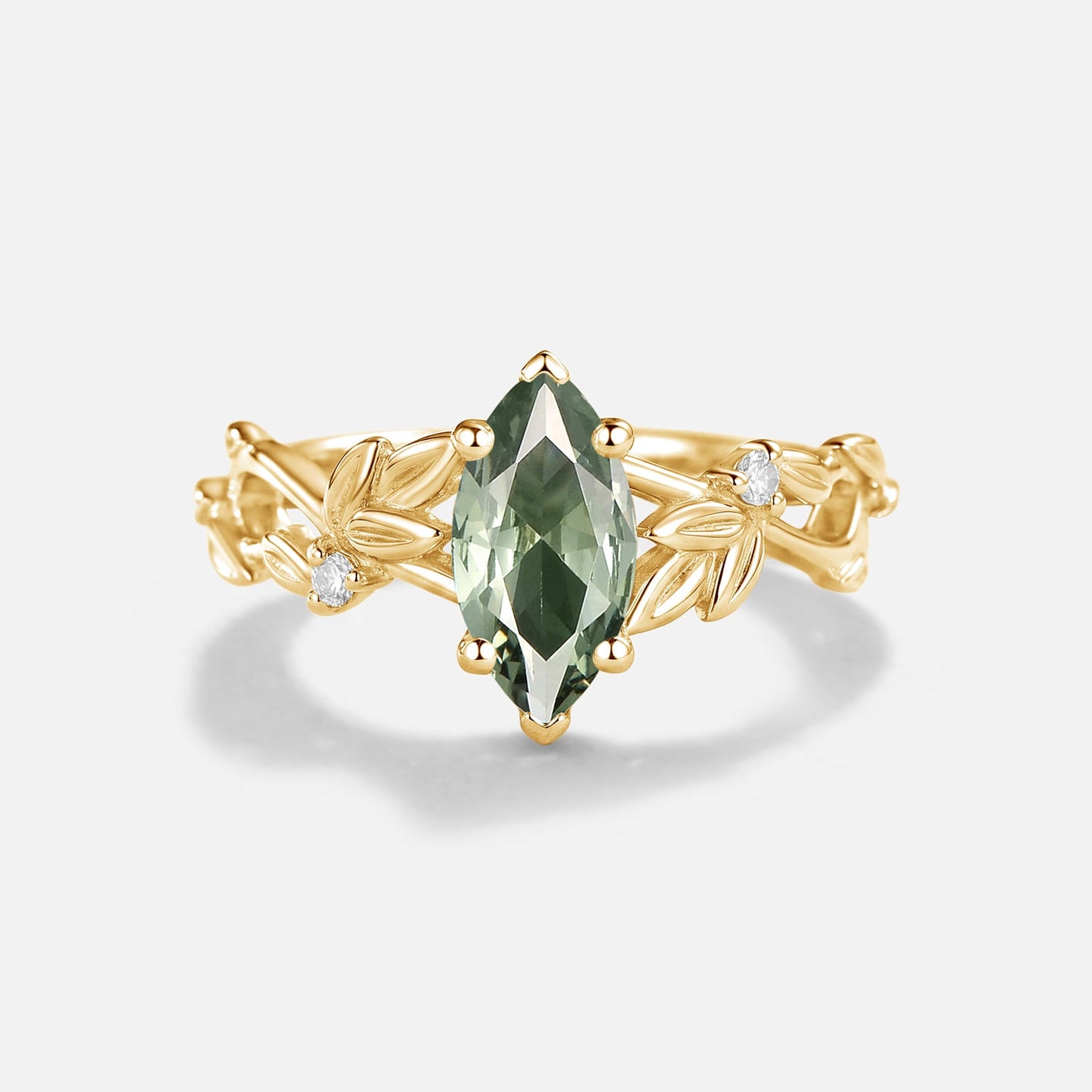 Marquise Cut Lab Green Sapphire Leafy Engagement Ring - Isolde