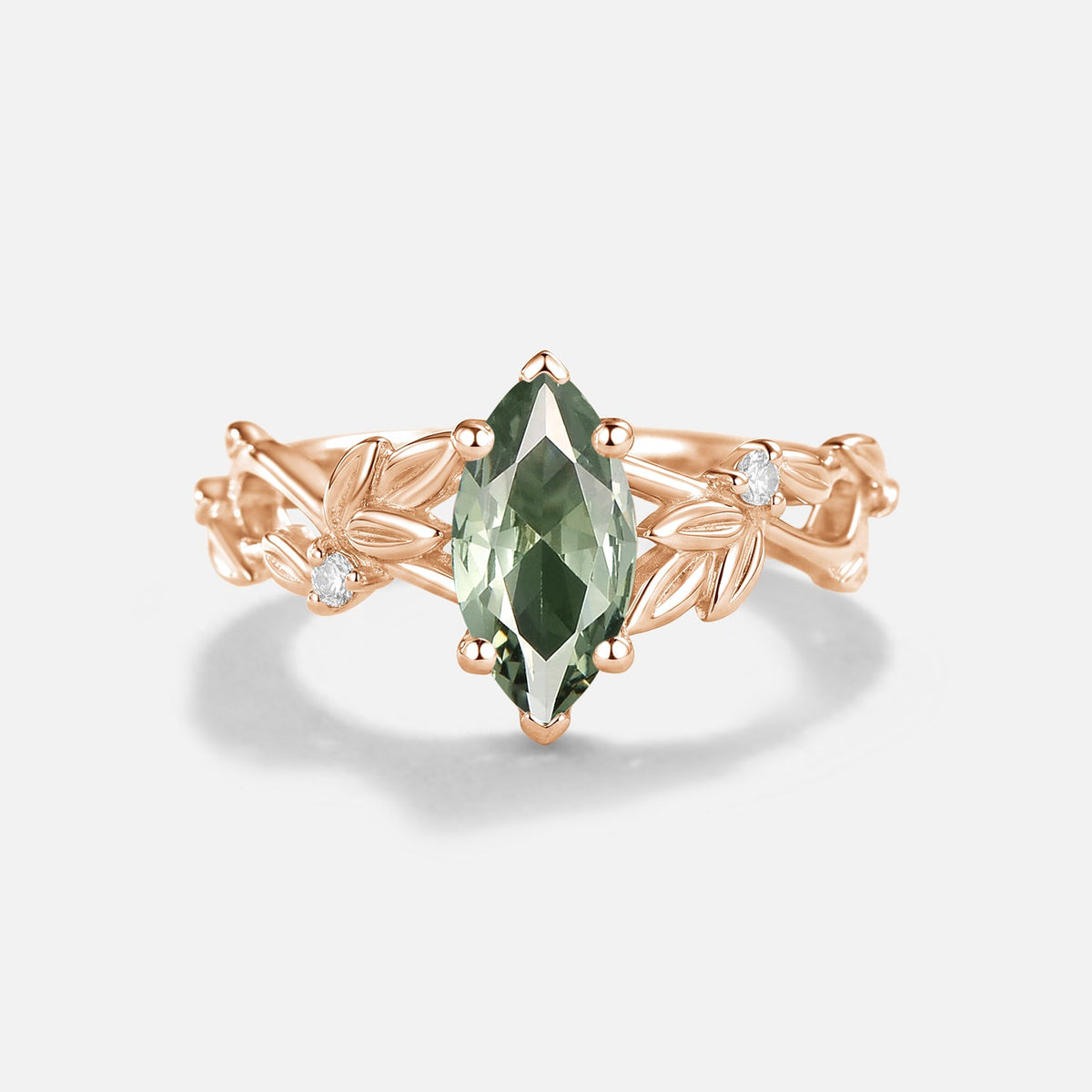 Marquise Cut Lab Green Sapphire Leafy Engagement Ring - Isolde