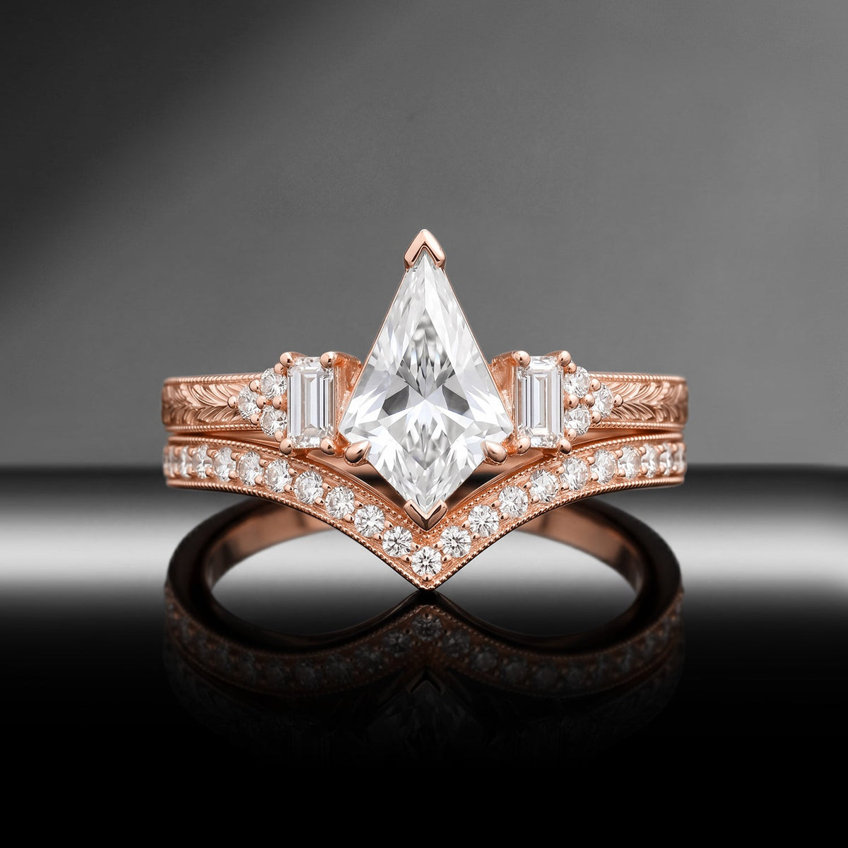 Vintage Inspired Kite Moissanite & Lab Diamond Milgrain Cluster Engagement Ring Set 2pcs