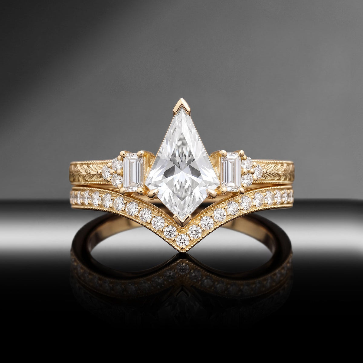 Vintage Inspired Kite Moissanite & Lab Diamond Milgrain Cluster Engagement Ring Set 2pcs